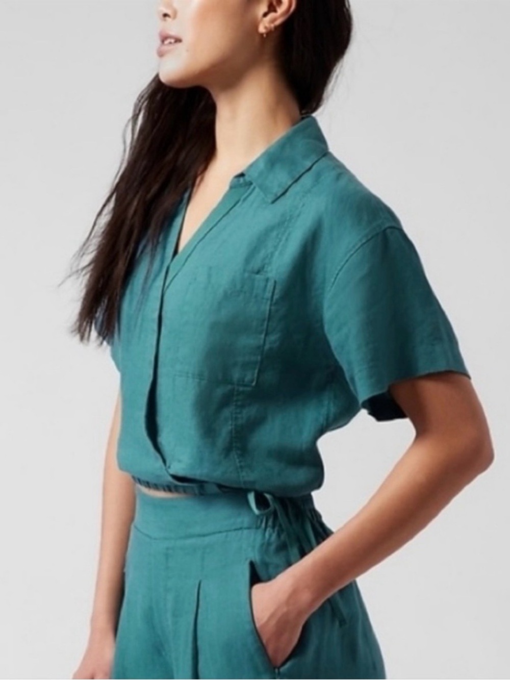 Athleta Teal Short-Sleeve Collared Crop Top